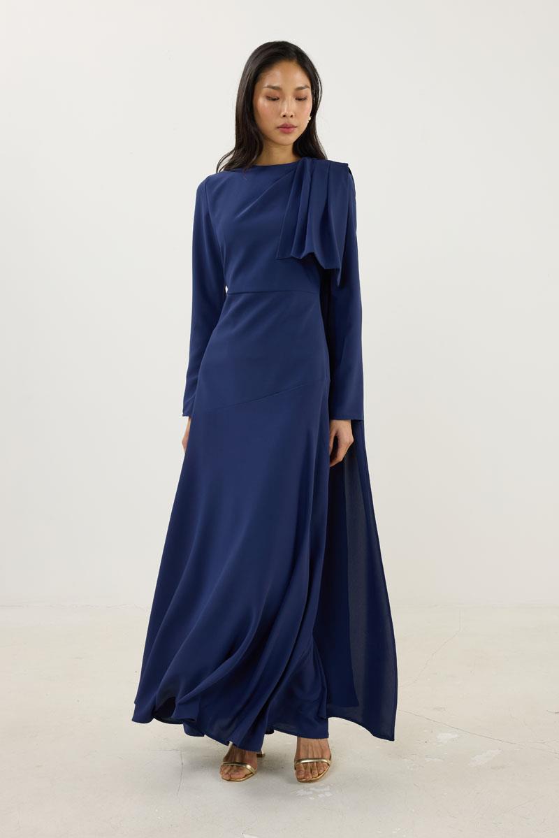 Verev Kesimli Abiye Elbise Lacivert