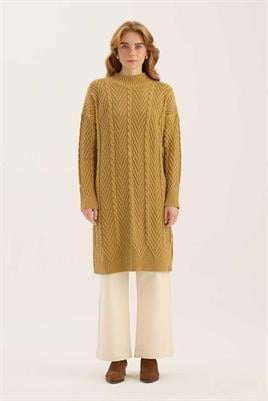 Verev Motifli Örgü Kazak Zeytin Yeşili