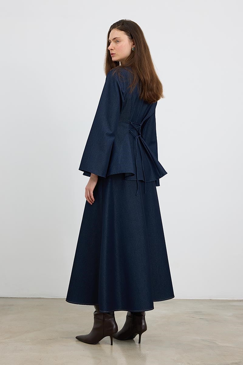 Volanlı Denim Bluz Lacivert