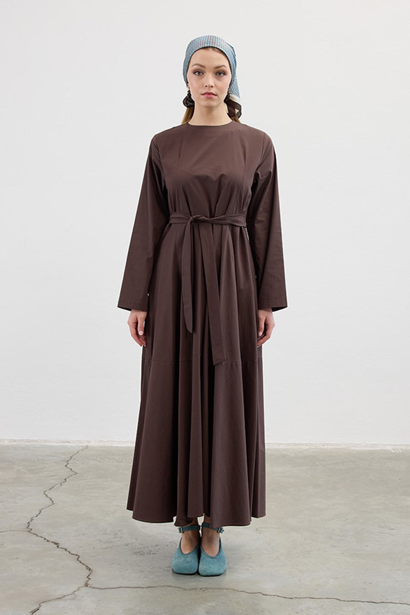 Volanlı Poplin Elbise Acı kahve