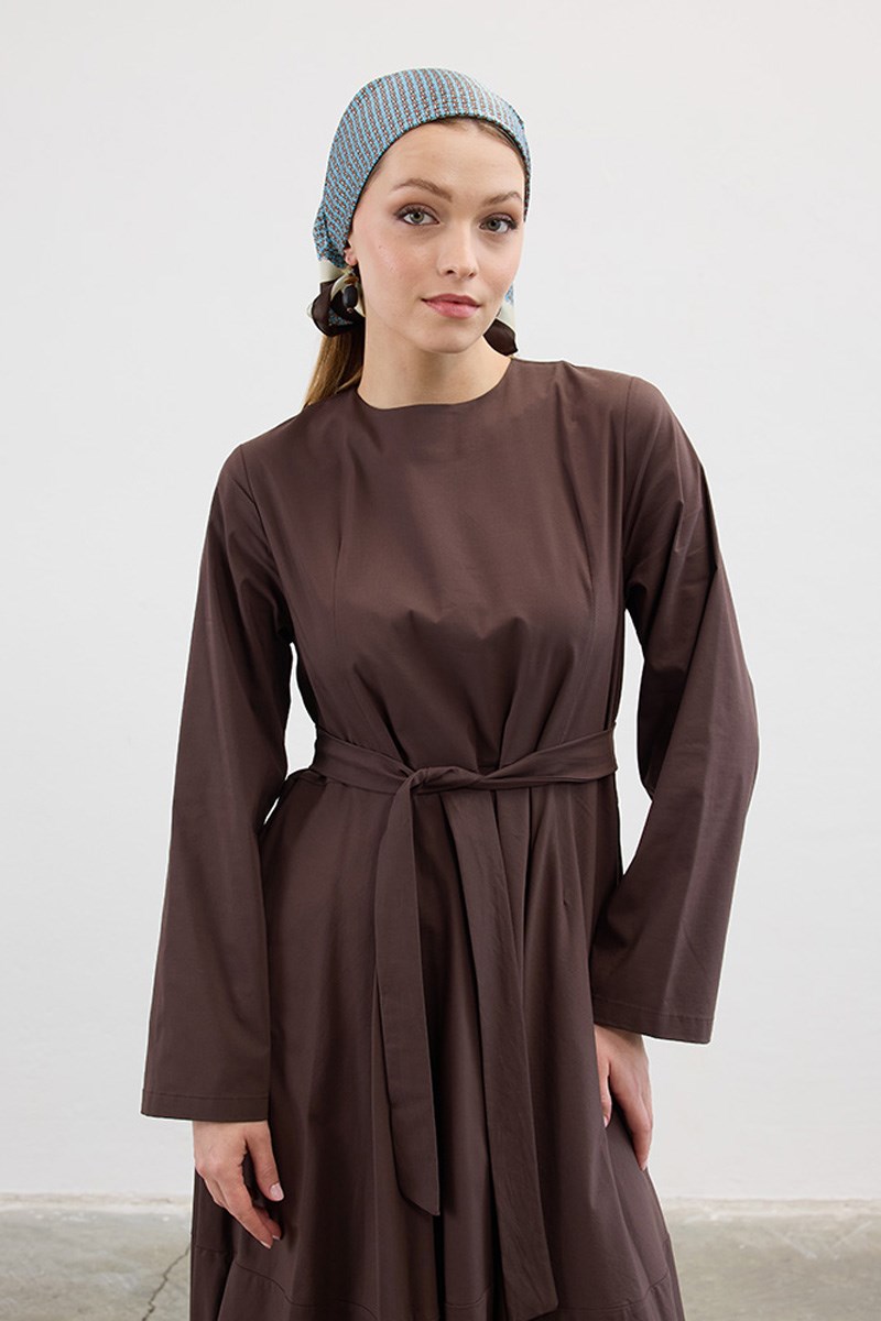 Volanlı Poplin Elbise Acı kahve