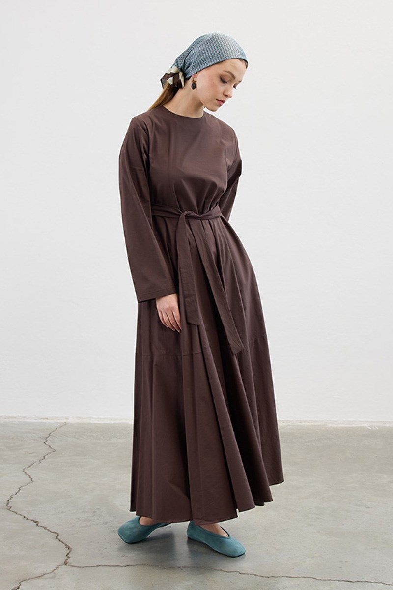 Volanlı Poplin Elbise Acı kahve