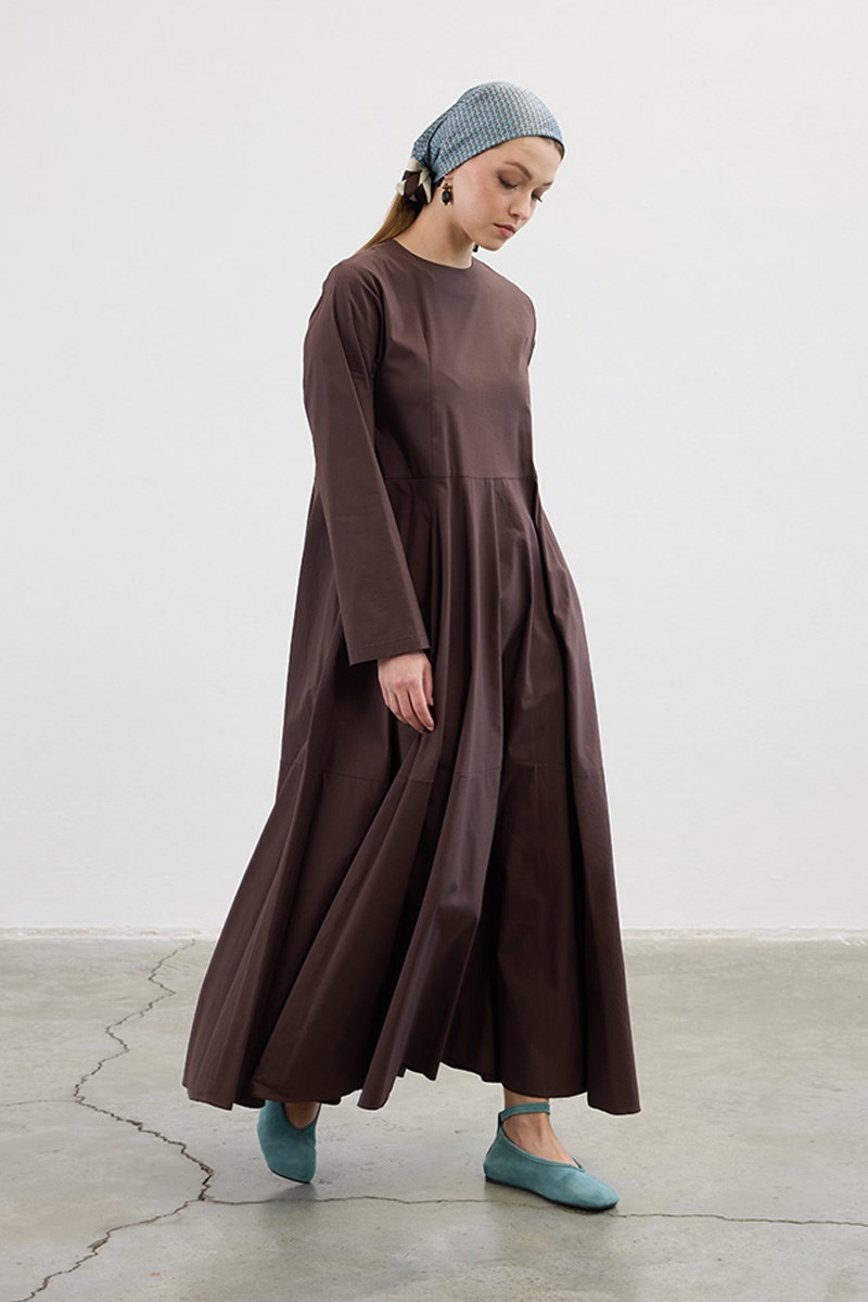 Volanlı Poplin Elbise Acı kahve