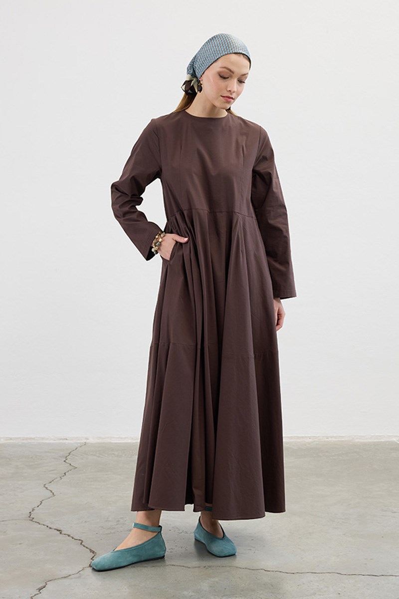 Volanlı Poplin Elbise Acı kahve