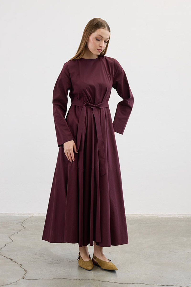 Volanlı Poplin Elbise Mürdüm