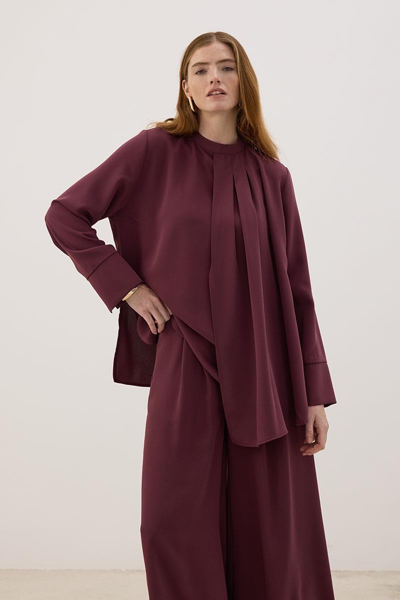 Yakası Pileli Bluz Mürdüm