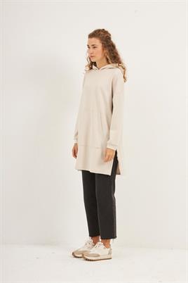 Yanlardan Fermuarlı Sweatshirt Taş