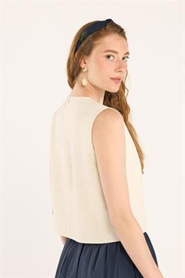Yazlık Kolsuz Keten Bluz Ekru