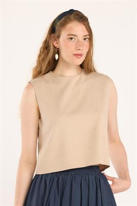 Yazlık Kolsuz Keten Bluz Açık vizon