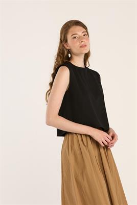 Yazlık Kolsuz Keten Bluz Siyah