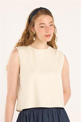 Yazlık Kolsuz Keten Bluz Ekru