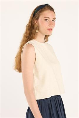 Yazlık Kolsuz Keten Bluz Ekru