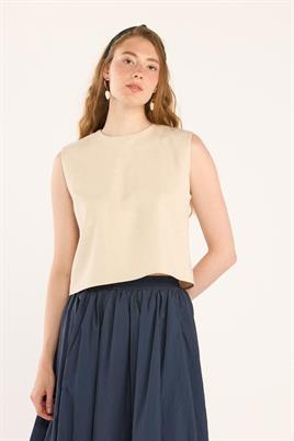 Yazlık Kolsuz Keten Bluz Bej