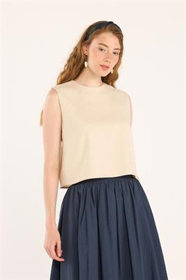 Yazlık Kolsuz Keten Bluz Bej