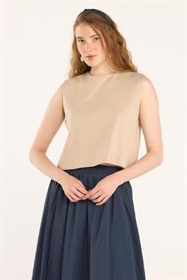 Yazlık Kolsuz Keten Bluz Açık vizon