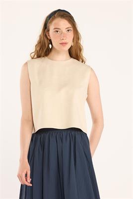 Yazlık Kolsuz Keten Bluz Bej