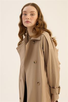 Yırtmaçlı Oversize Trençkot Vizon