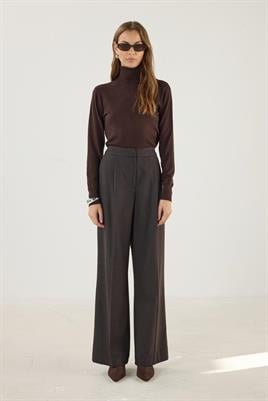 Yüksek Bel Pileli Palazzo Pantolon Acı kahve