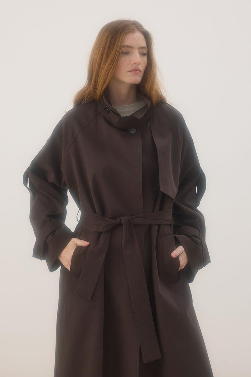 Yüksek Yaka Uzun Trençkot Acı kahve