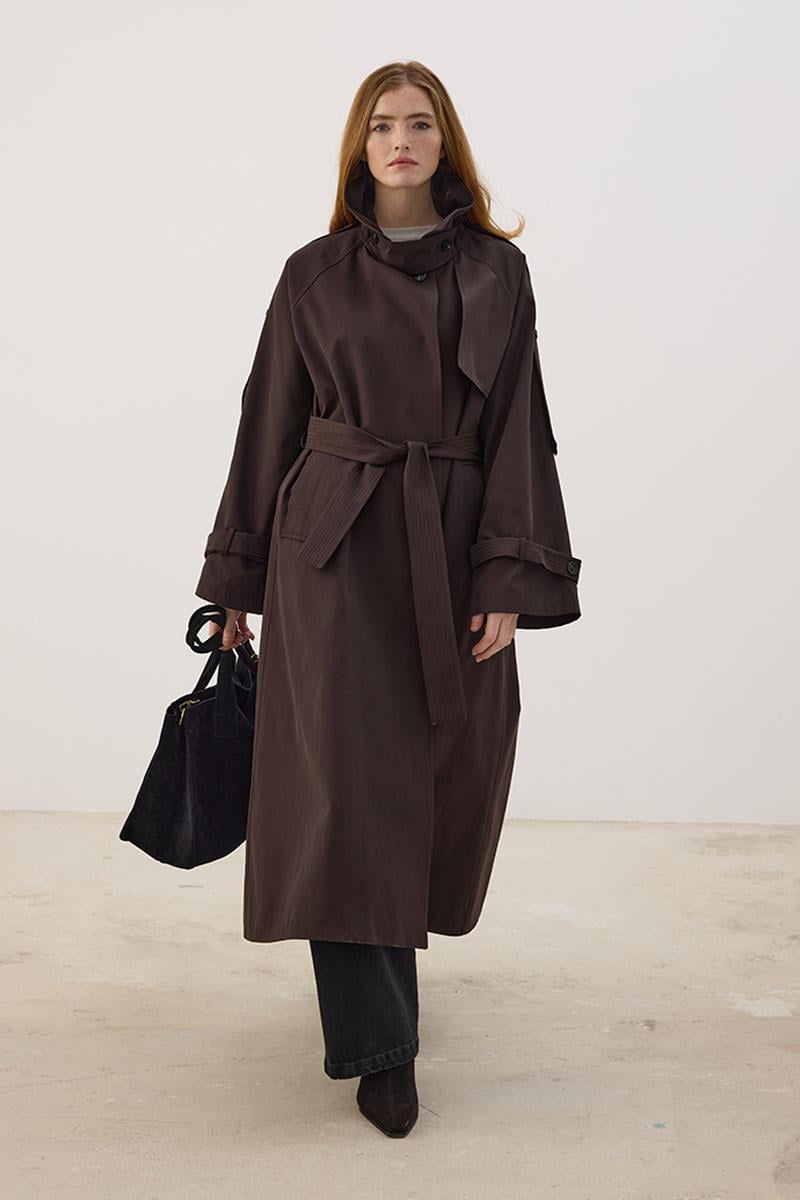 Yüksek Yaka Uzun Trençkot Acı kahve