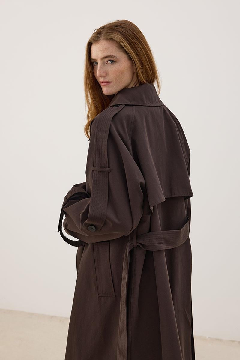 Yüksek Yaka Uzun Trençkot Acı kahve