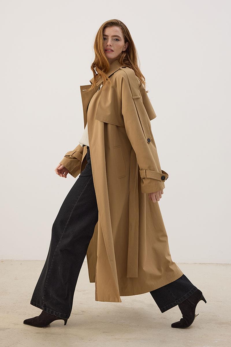 Yüksek Yaka Uzun Trençkot Camel