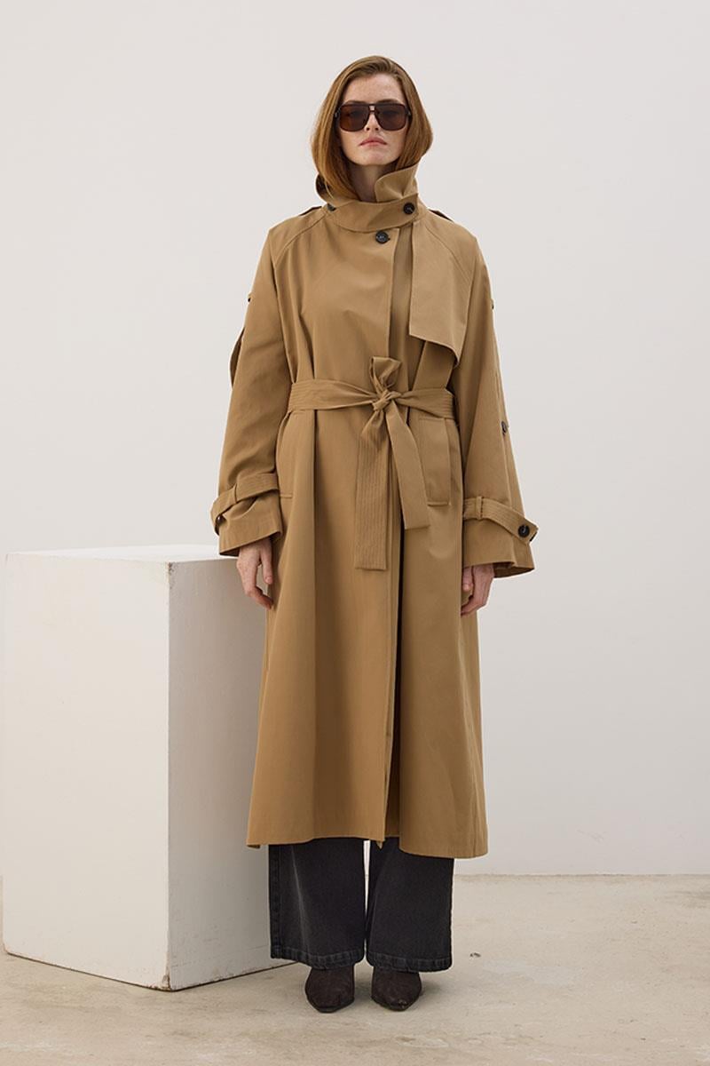 Yüksek Yaka Uzun Trençkot Camel