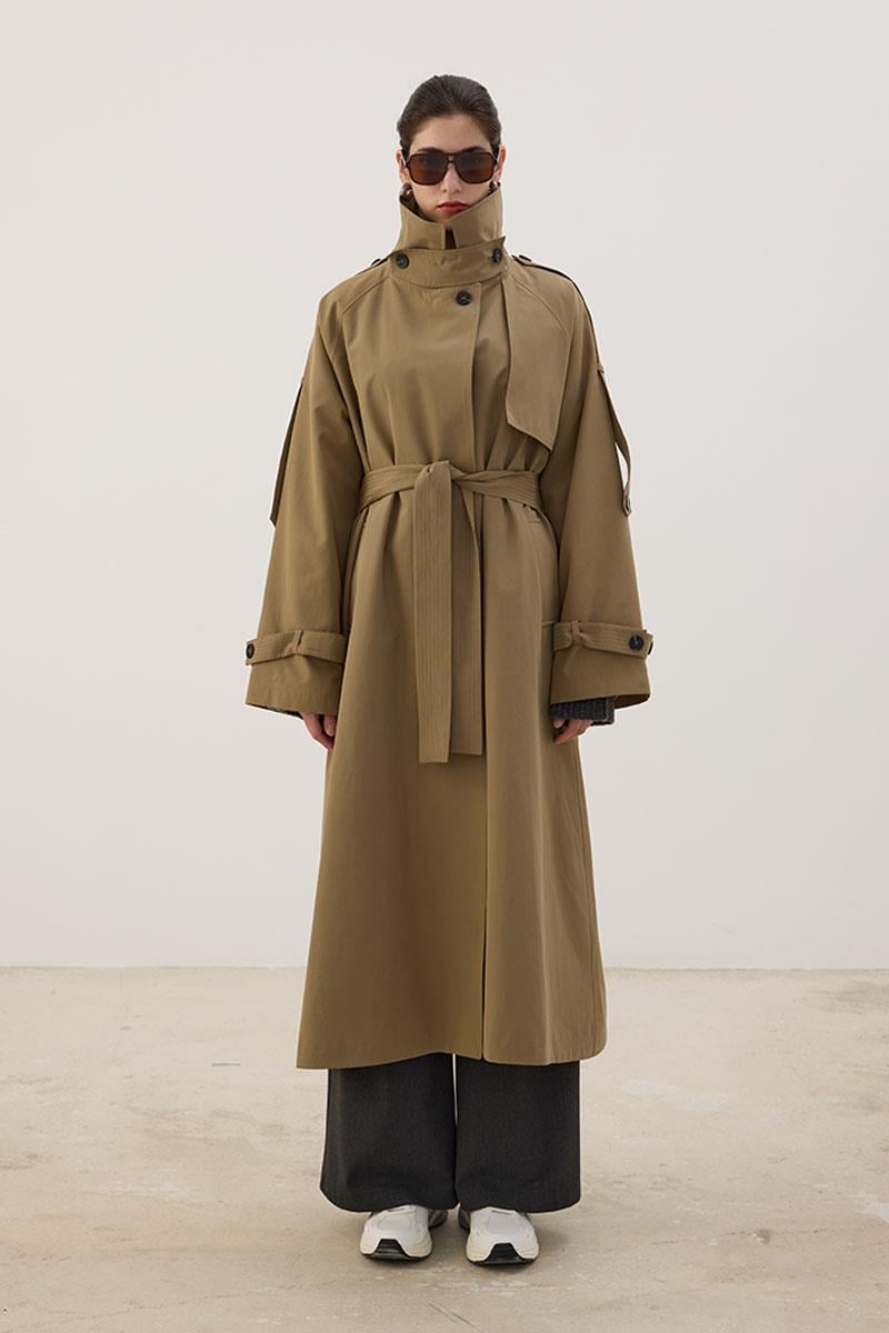 Yüksek Yaka Uzun Trençkot Yağ Yeşili