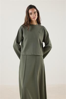 Nakış Detaylı Kısa Sweatshirt Haki