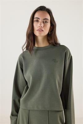 Nakış Detaylı Kısa Sweatshirt Haki