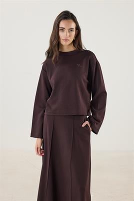 Nakış Detaylı Kısa Sweatshirt Acı kahve