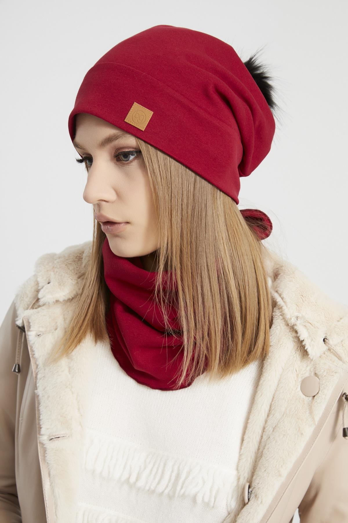 Kadın Genç Kız, trend kırmızı kürk ponponlu Şapka Bere boyunluk Takım  -Spor, Rahat, pamuklu, TERMAL