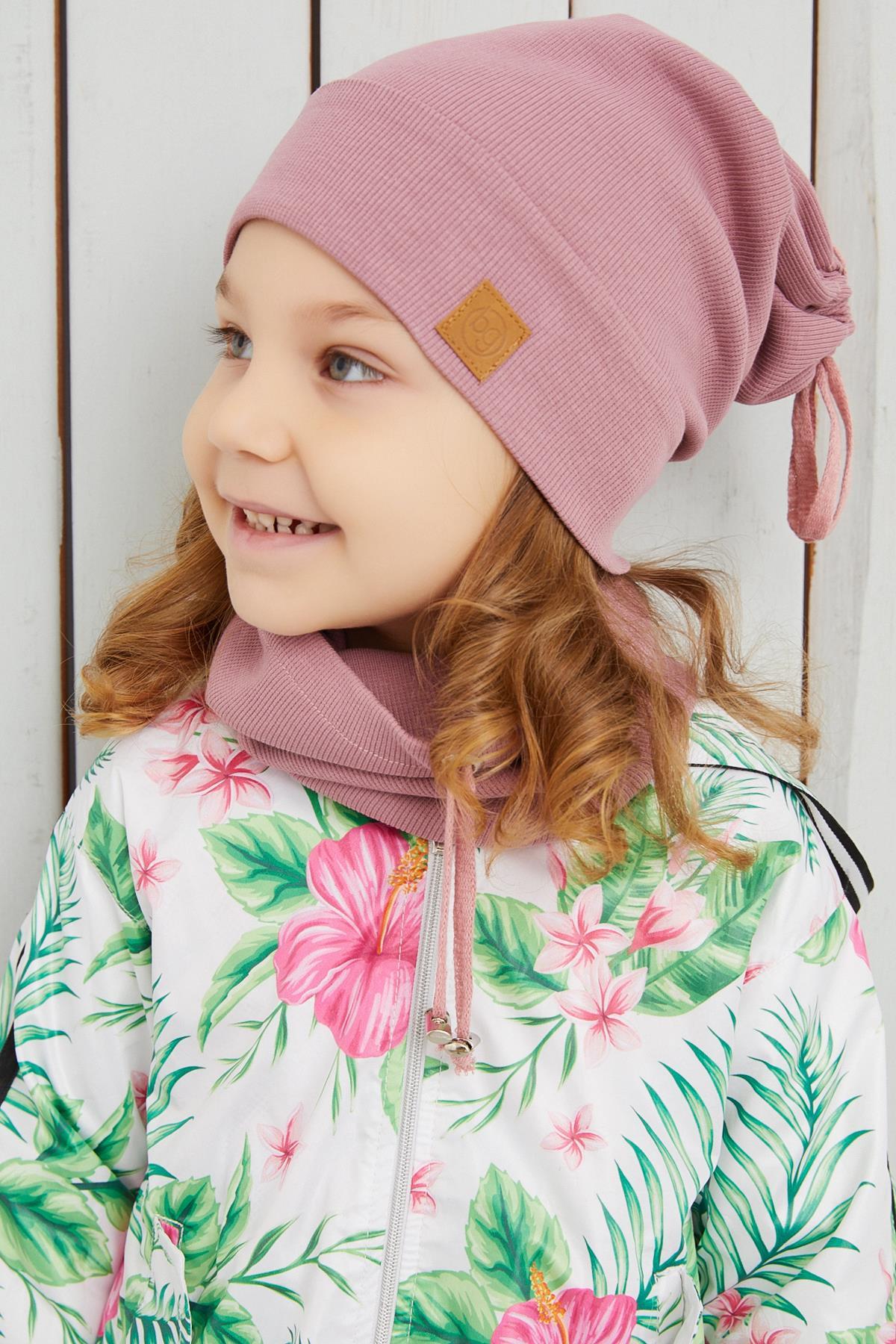 Kız Bebek Çocuk Melanj İp Detaylı Şapka Bere Boyunluk Takım Rahat %100  Pamuklu Kaşkorse Yerli Üretim