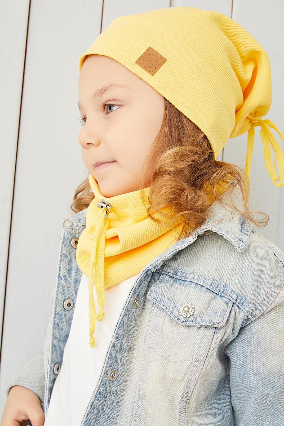 Kız Bebek Çocuk Sarı İpli Şapka Bere Boyunluk Takım Rahat %100 Pamuklu  Kaşkorse Yerli Üretim