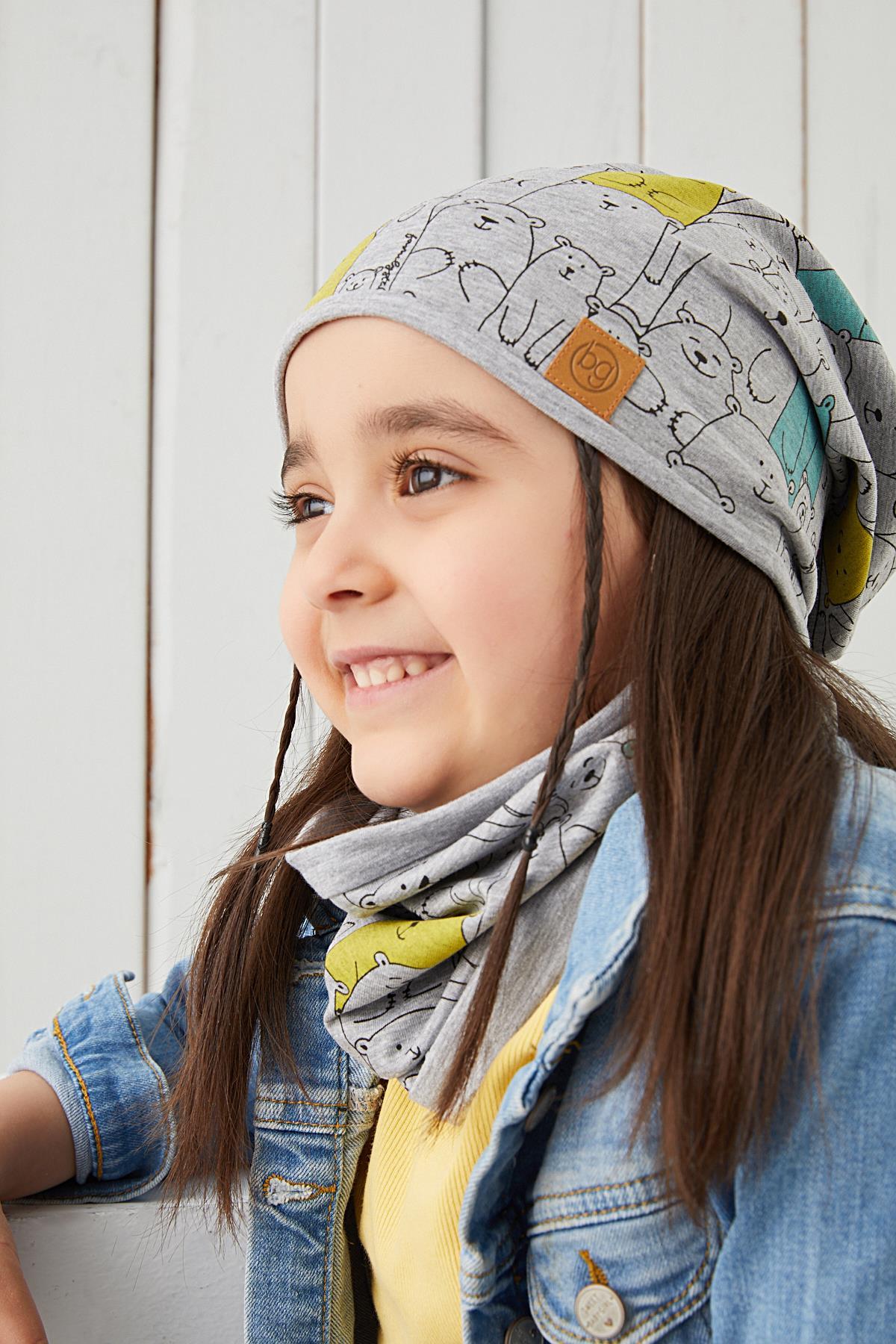 Kız Çocuk Gri figürlü ip detaylı 4 mevsim Şapka Bere Boyunluk Set yumuşak  doğal penye
