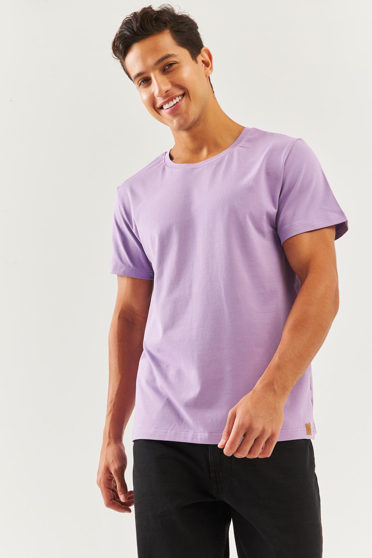 Lila Oversize Rahat 100 Pamuklu Penye Bisiklet Yaka K sa Kol Basic T Shirt Trendy Collection