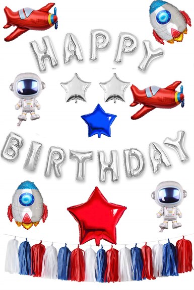 Uzay Temalı Happy Birthday Gümüş Balon Seti