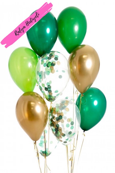 Krom Gold Yeşil  Konfetili Balon Demeti 15 li