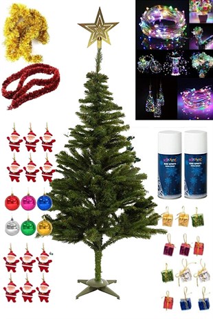 150 Cm Yılbaşı Çam Ağaç Seti 10 Metre Pilli Rgb Led Işıklı, Tepe Yıldızı 33 Parça Süs, 2 Kar Spreyi