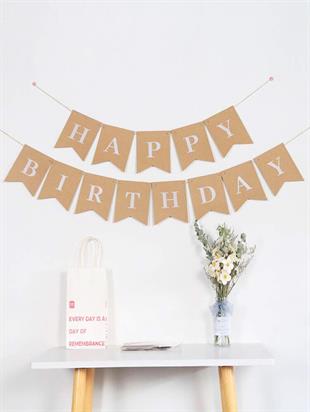 Kraft Renk Beyaz Retro Happy Birthday Yazı Süs