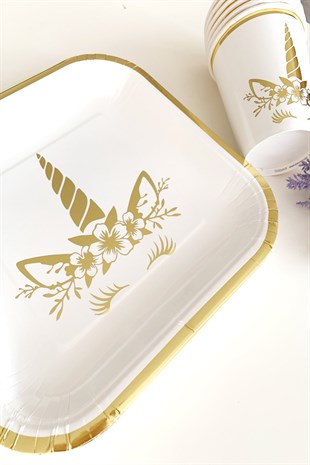 Unicorn Beyaz Gold Varaklı Kare Tabak Bardak Set 8 li