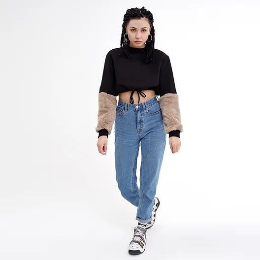 Polypop Rabbit Bej-Siyah Crop Sweatshirt 