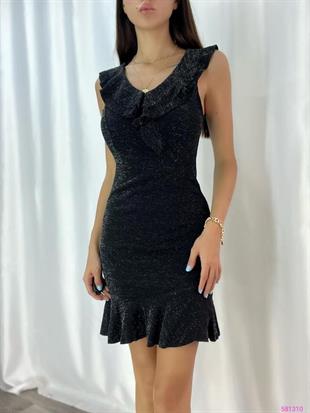 Siyah Simli Kolsuz Mini Fırfırlı Elbise  doğum günü elbisesi, mezuniyet elbisesi