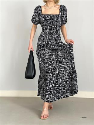 Siyah Uzun Desenli Kısa Kollu Günlük Elbise, Yaz Elbisesi 