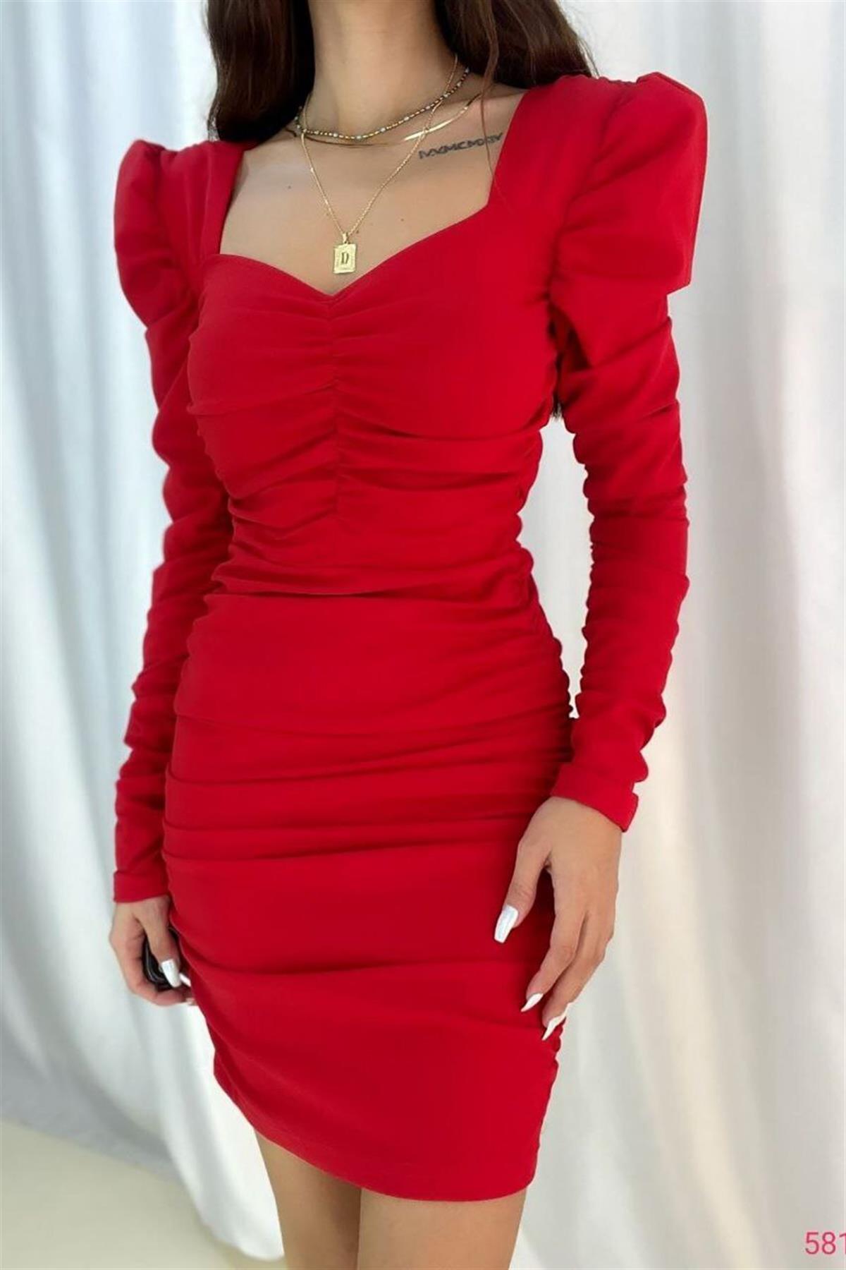 Kırmızı Mini Uzun Kollu Elbise
