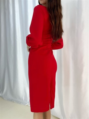 Kırmızı Midi Boy Uzun Kollu Elbise 2747