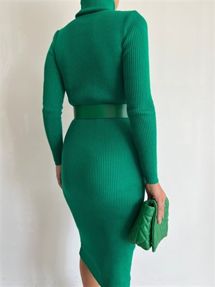 Yeşil Triko Kemerli Elbise 2794