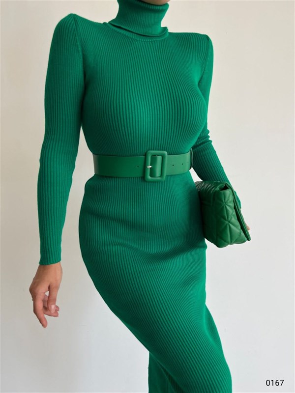 Yeşil Triko Kemerli Elbise 2794