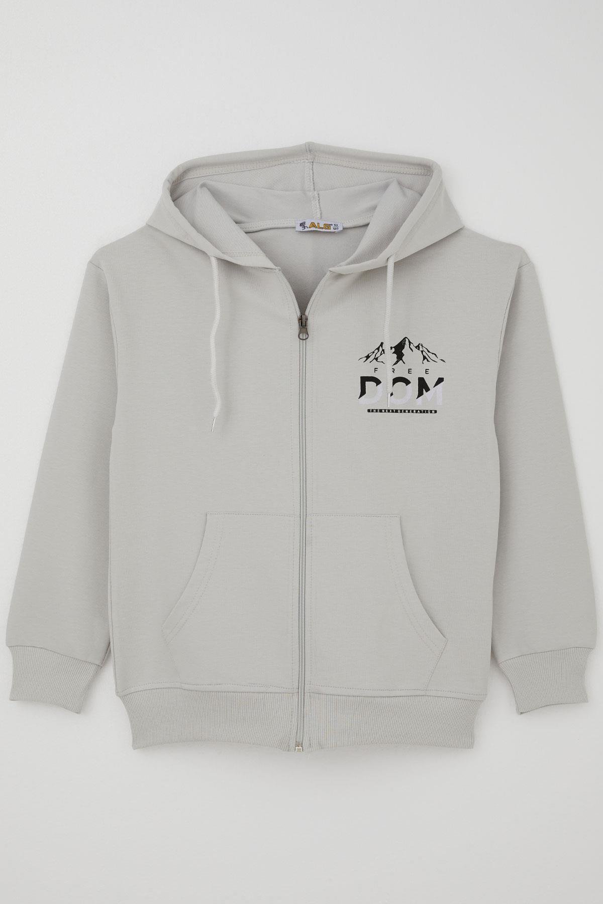 Alg Erkek Çocuk Hırka Fermuarlı Motivasyon Temalı Sırt Kısmı Baskılı Açık Gri (10-13 Yaş)