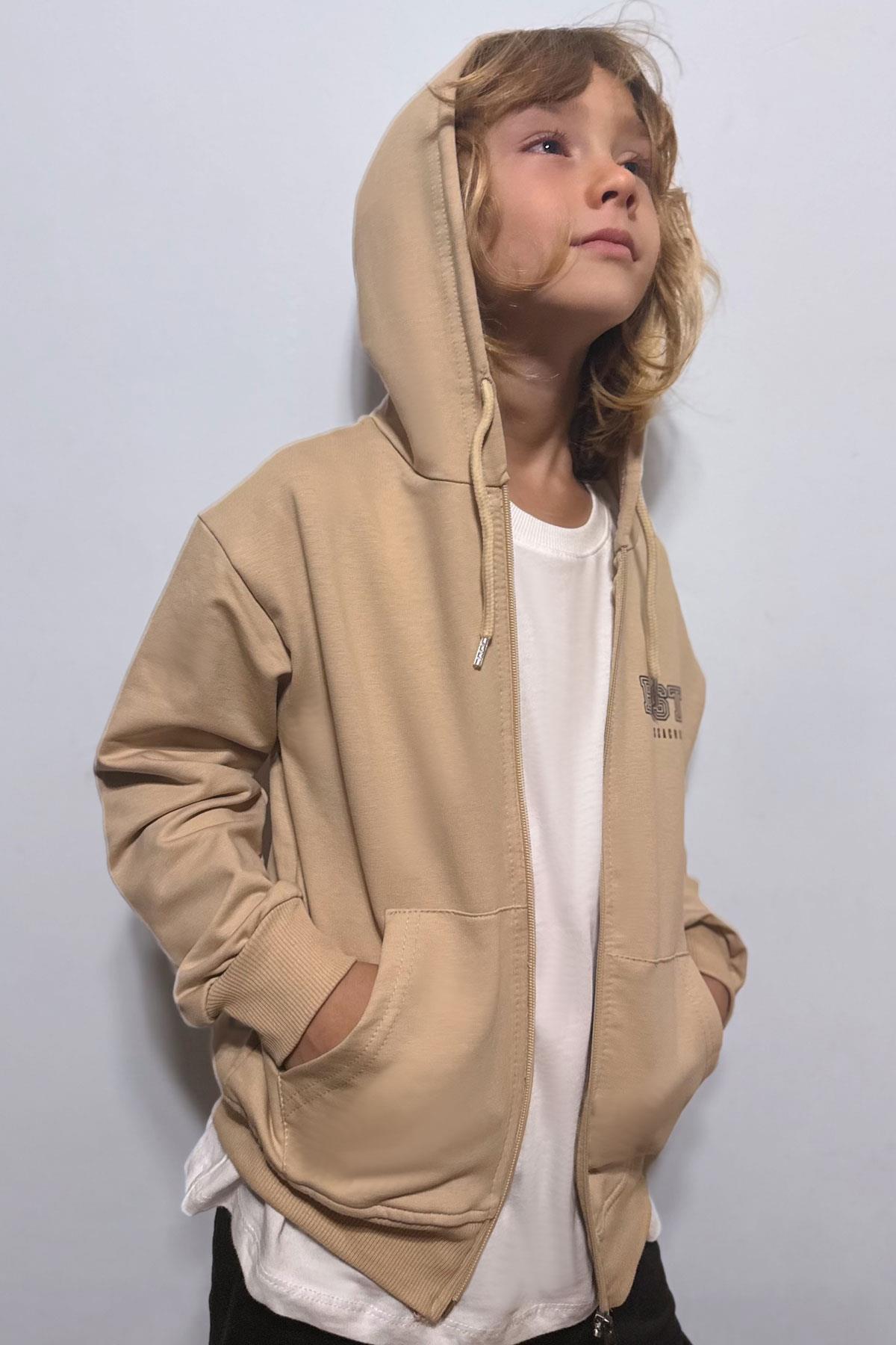 Alg Erkek Çocuk Hırka Kapüşonlu Arka Kısmı Baskı Detaylı Bej (6-9 Yaş)
